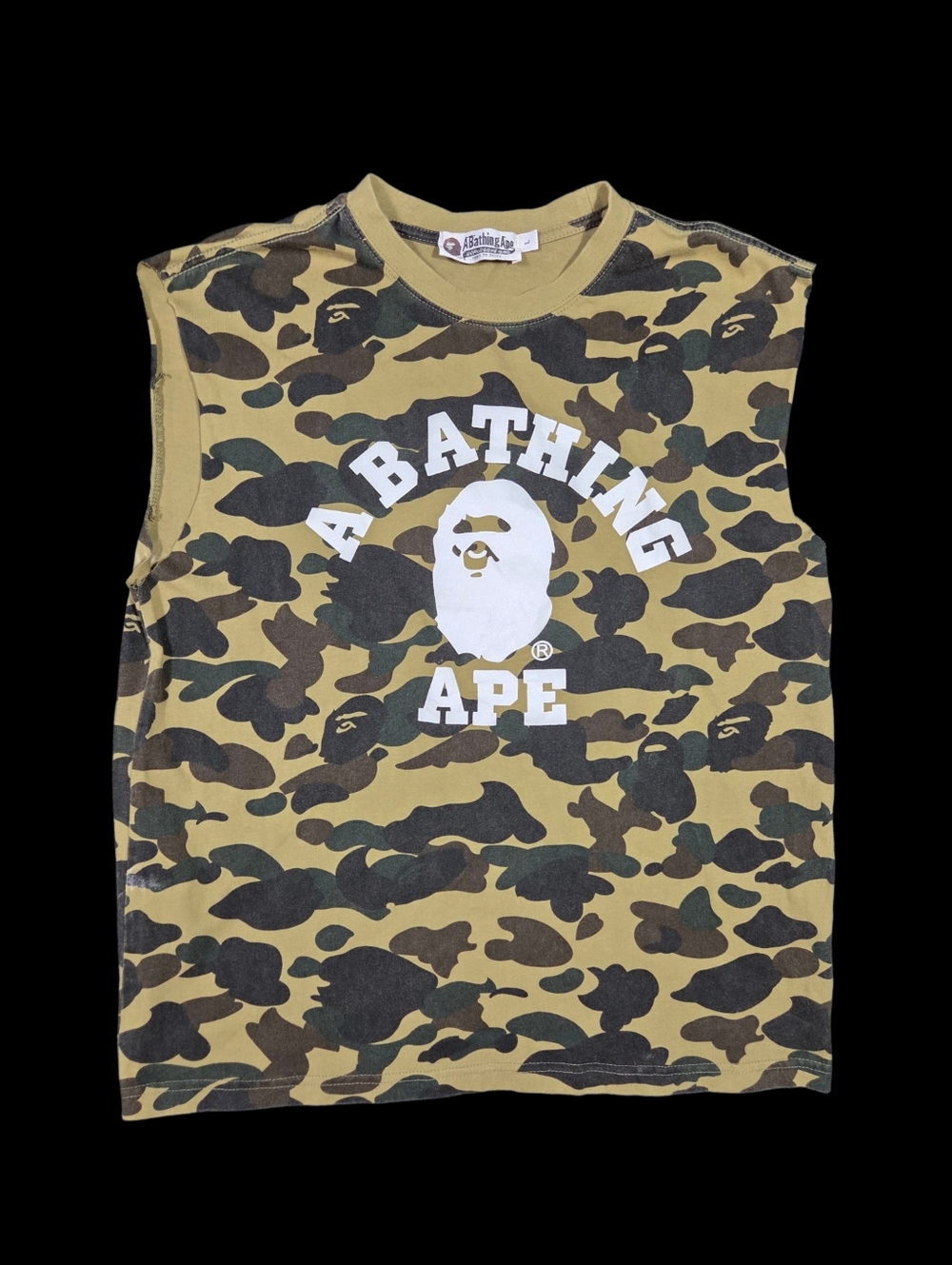A Bathing Ape Camo Shirt BAPE Sleeveless Cutoff Streetwear Green Cotton Large